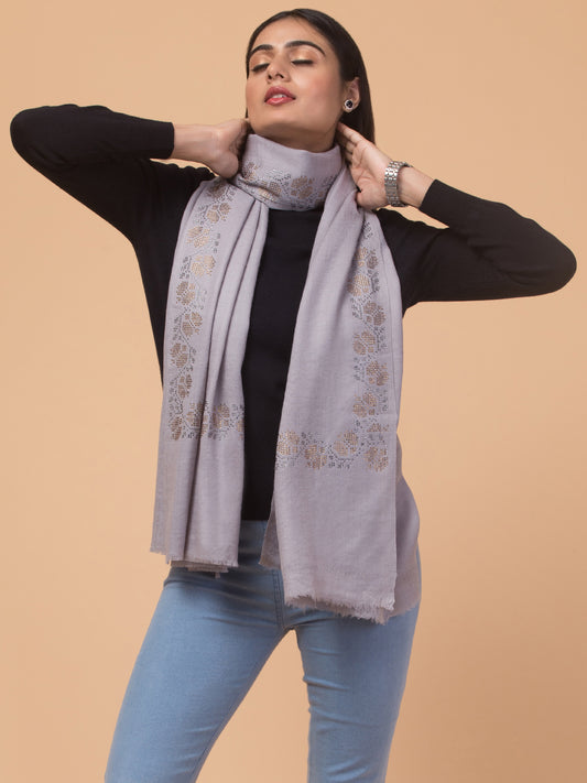 Fine Wool Crystal/Stone Work Stole for Winters - Grey