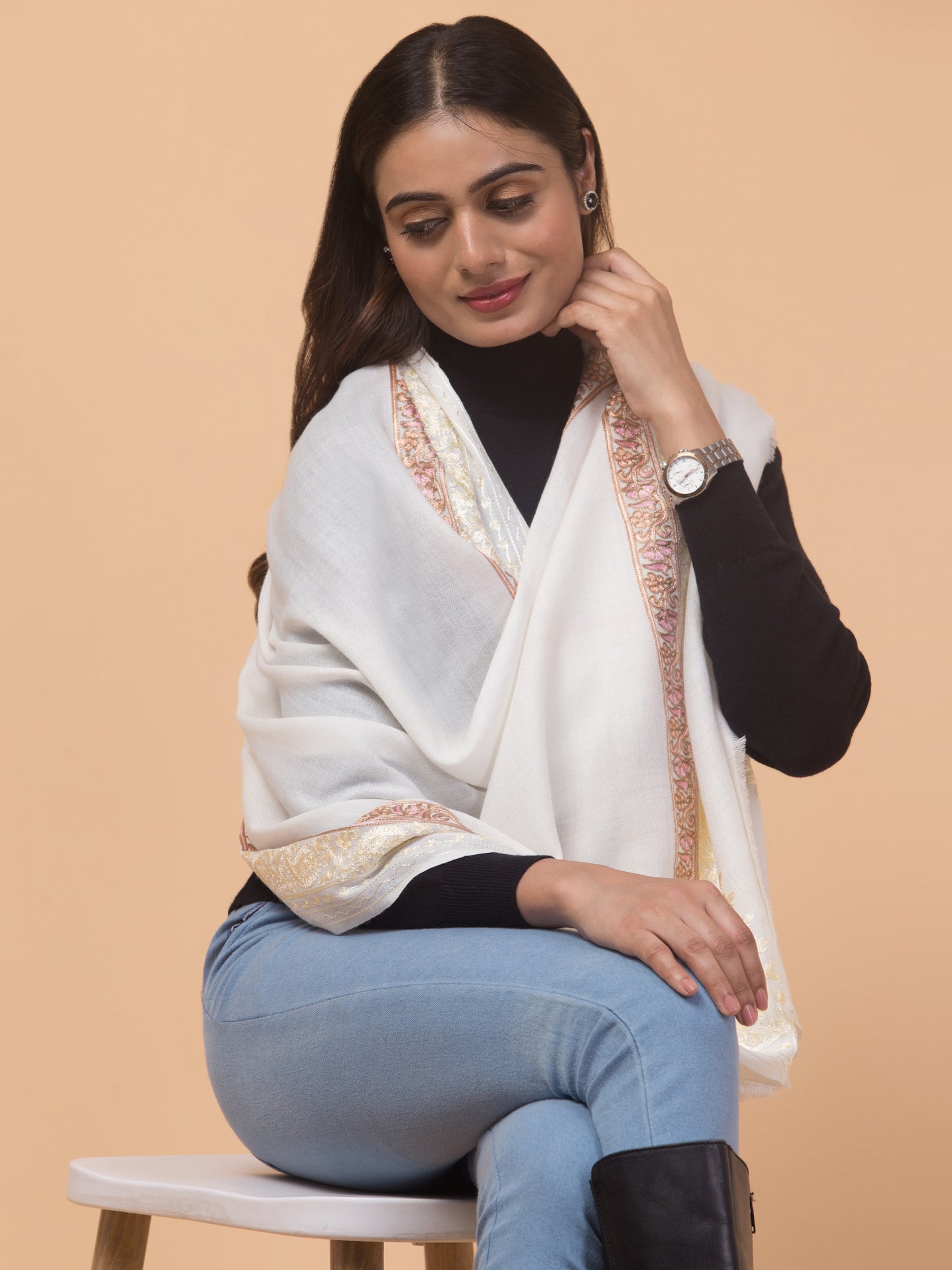 Tweedle Fine Wool Embroidered Stole for Women - Off-White, Size -28x80