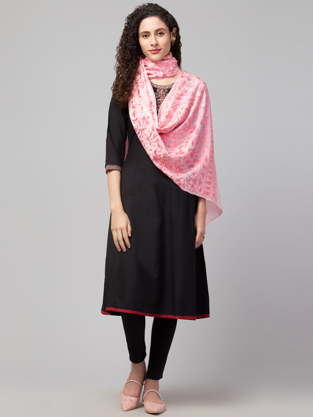 tweedle Women's Fine Wool Tone to Tone Kashmiri Embroidery Stole - Pink