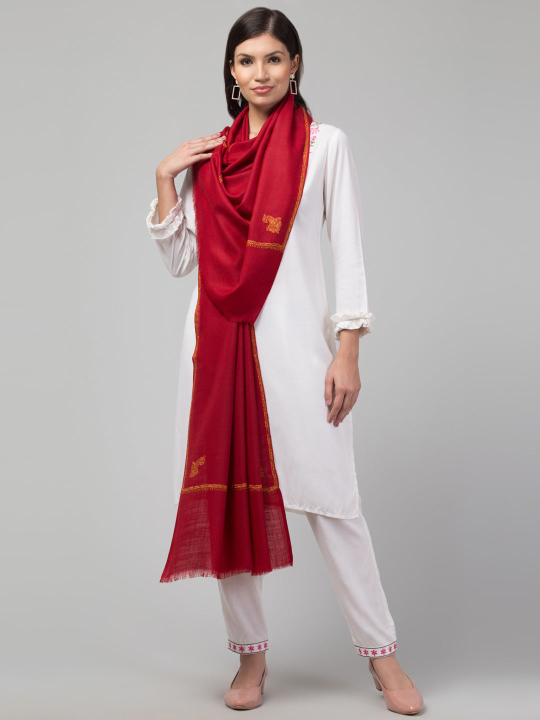 Fine Wool Plain Traditional Kingri Stole with Hand Embroidery Border - Maroon