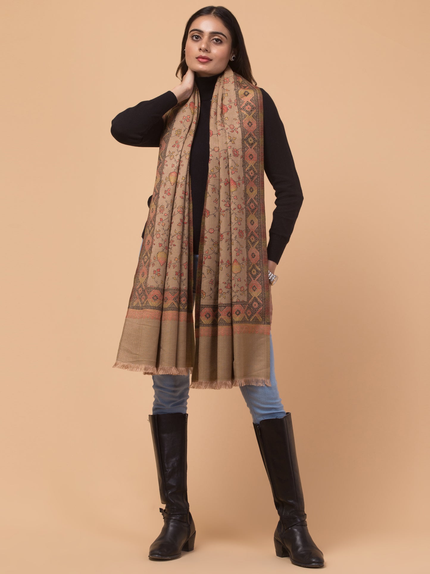 Kashmiri Kani Design Stole - Beige