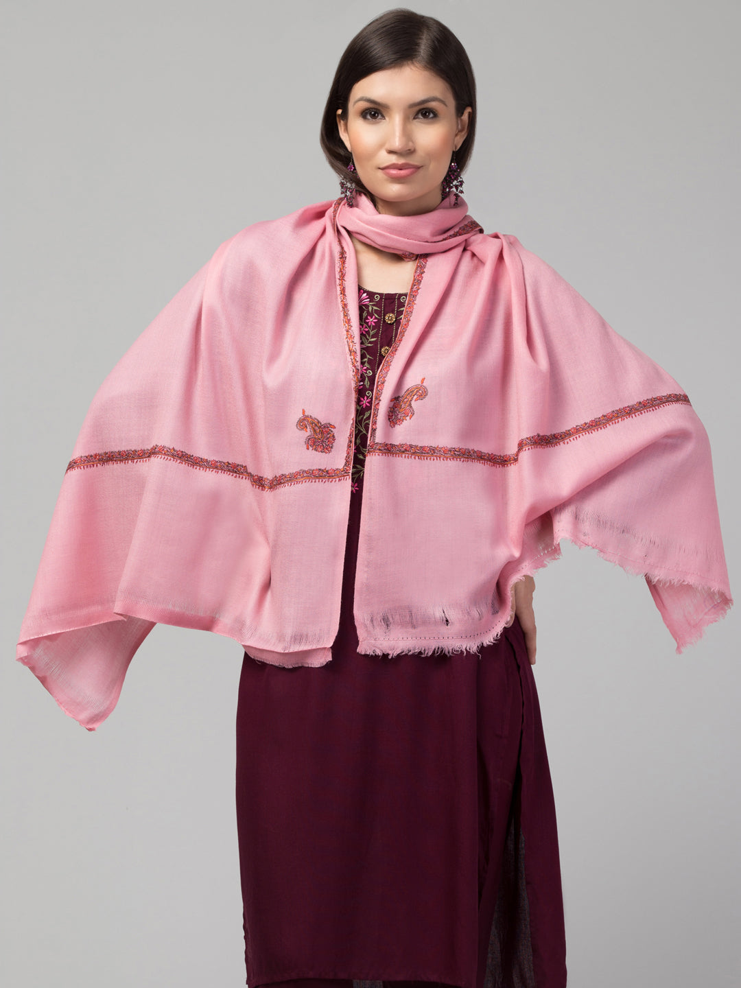 Fine Wool Plain Traditional Kingri Stole with Hand Embroidery Border - Pink