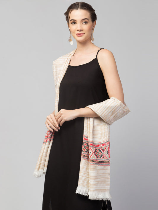 Ethnic Kullu Shawl for Women, Traditional Himachali Design with Tribal Motifs - Off White