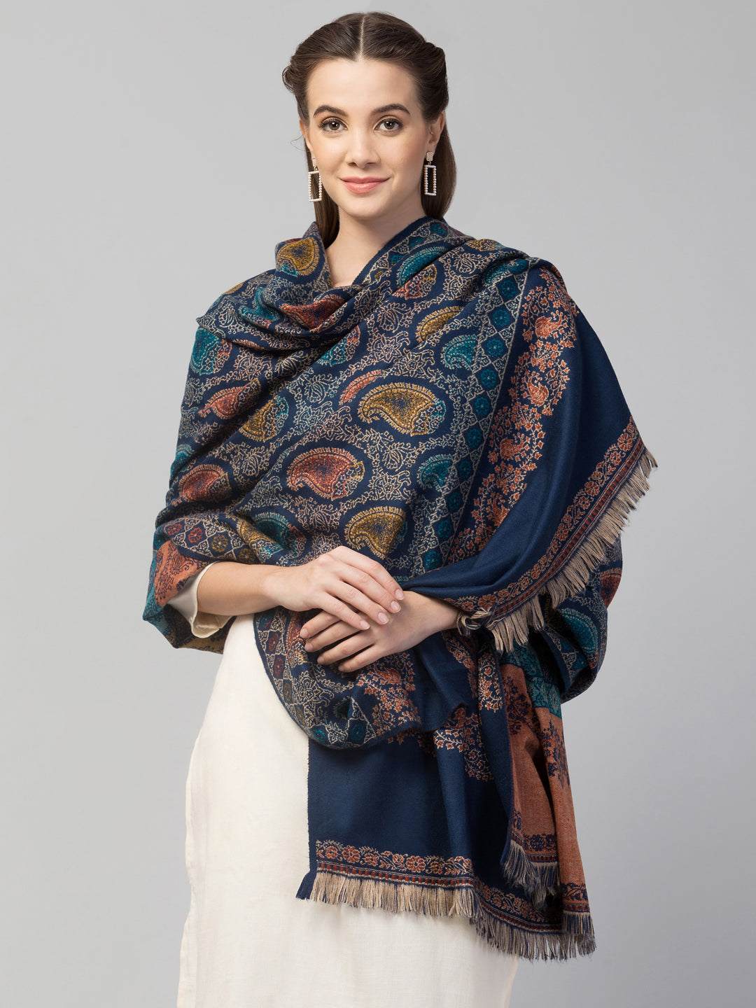 Tweedle Women’s Jamawar Paisley Design Woolen Shawl / Stole for Winters - Blue (40 x 80 inches)