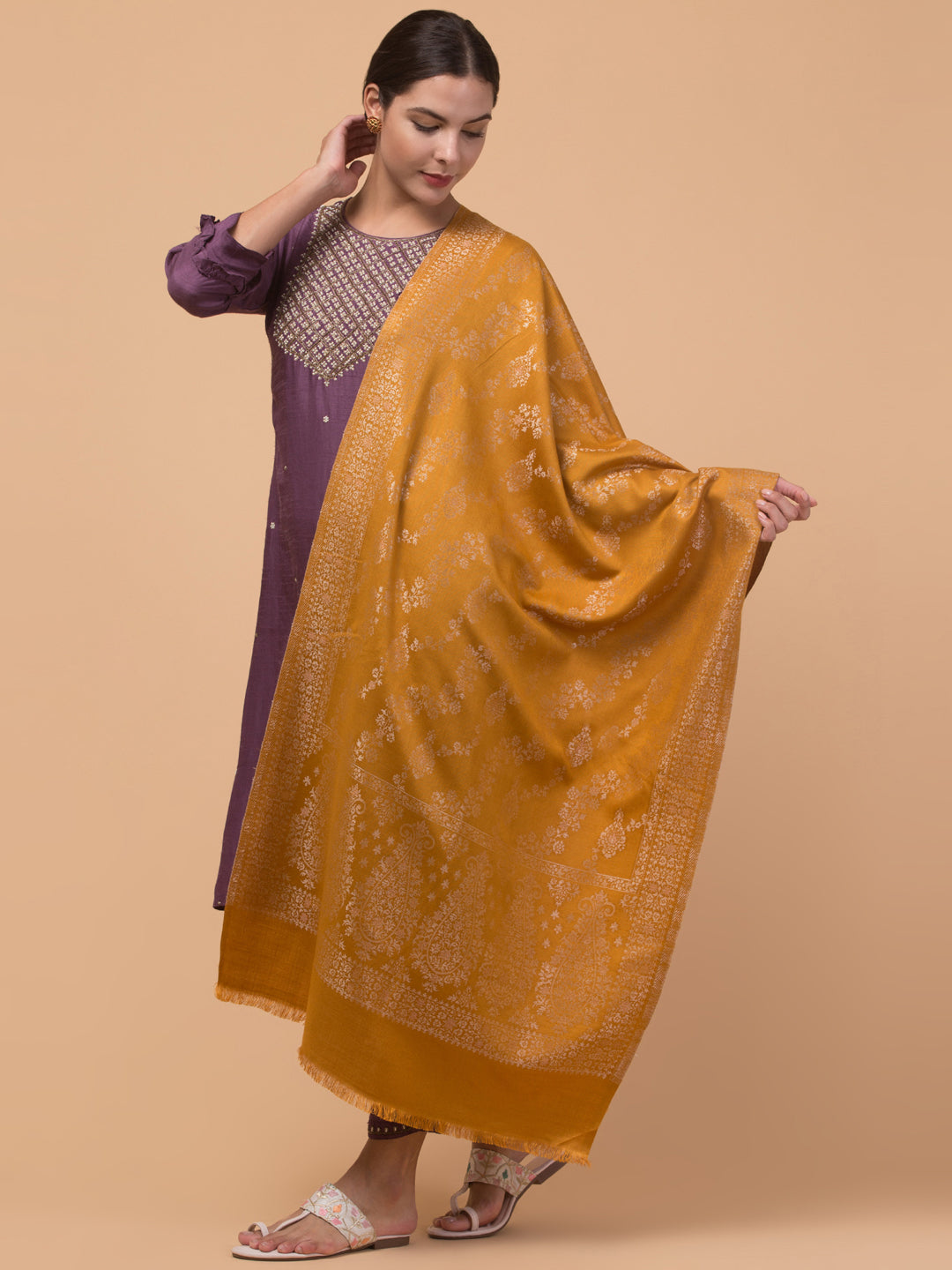 Zari Weave Floral Design Acrylic Stole - Yellow