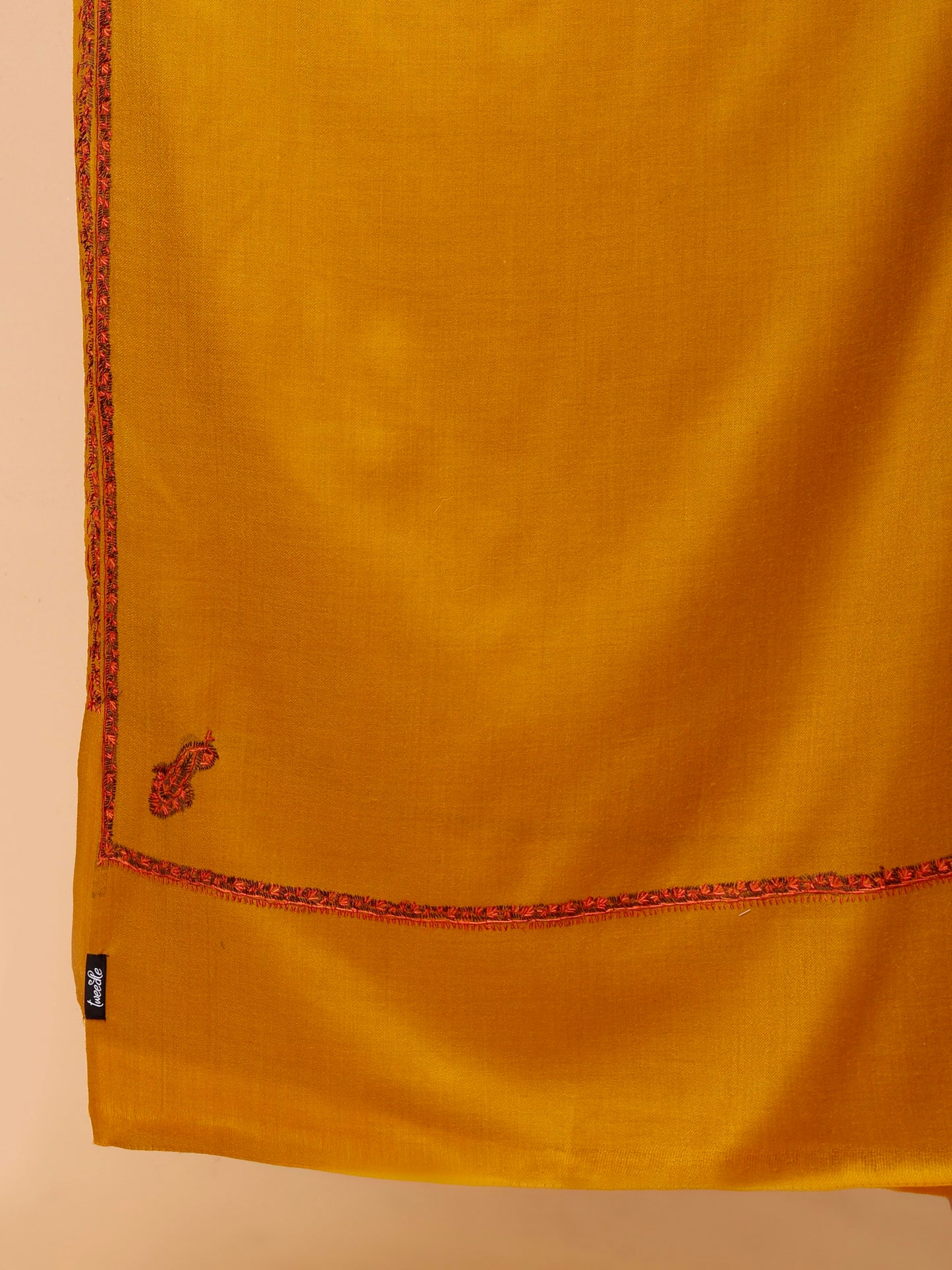 Fine Wool Plain Traditional Kingri Stole with Hand Embroidery Border - Mustard