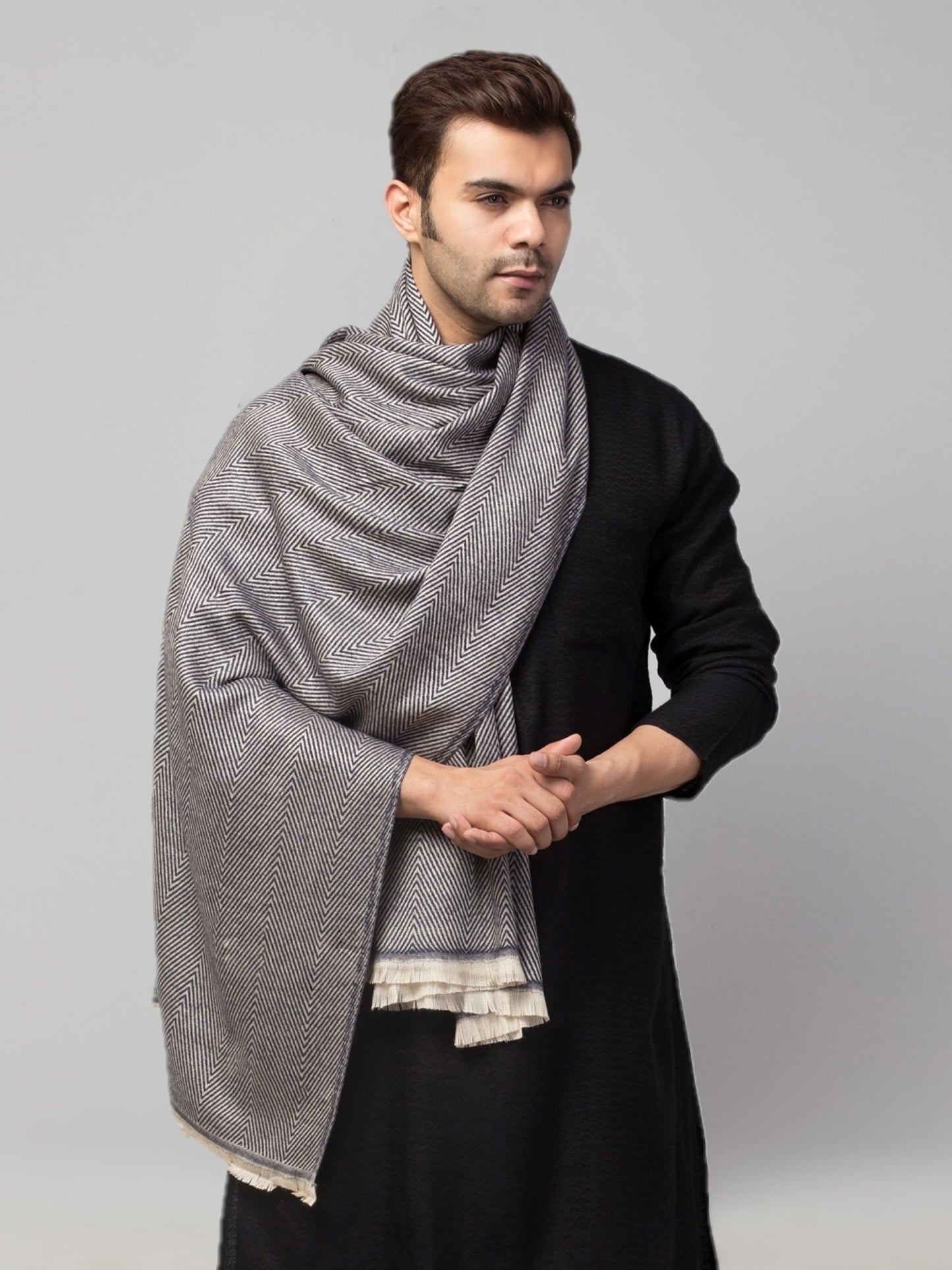 Tweedle Heringbone Design Super Soft Woolen Stole / Scarf for Men - Grey (28 x 80 inches)