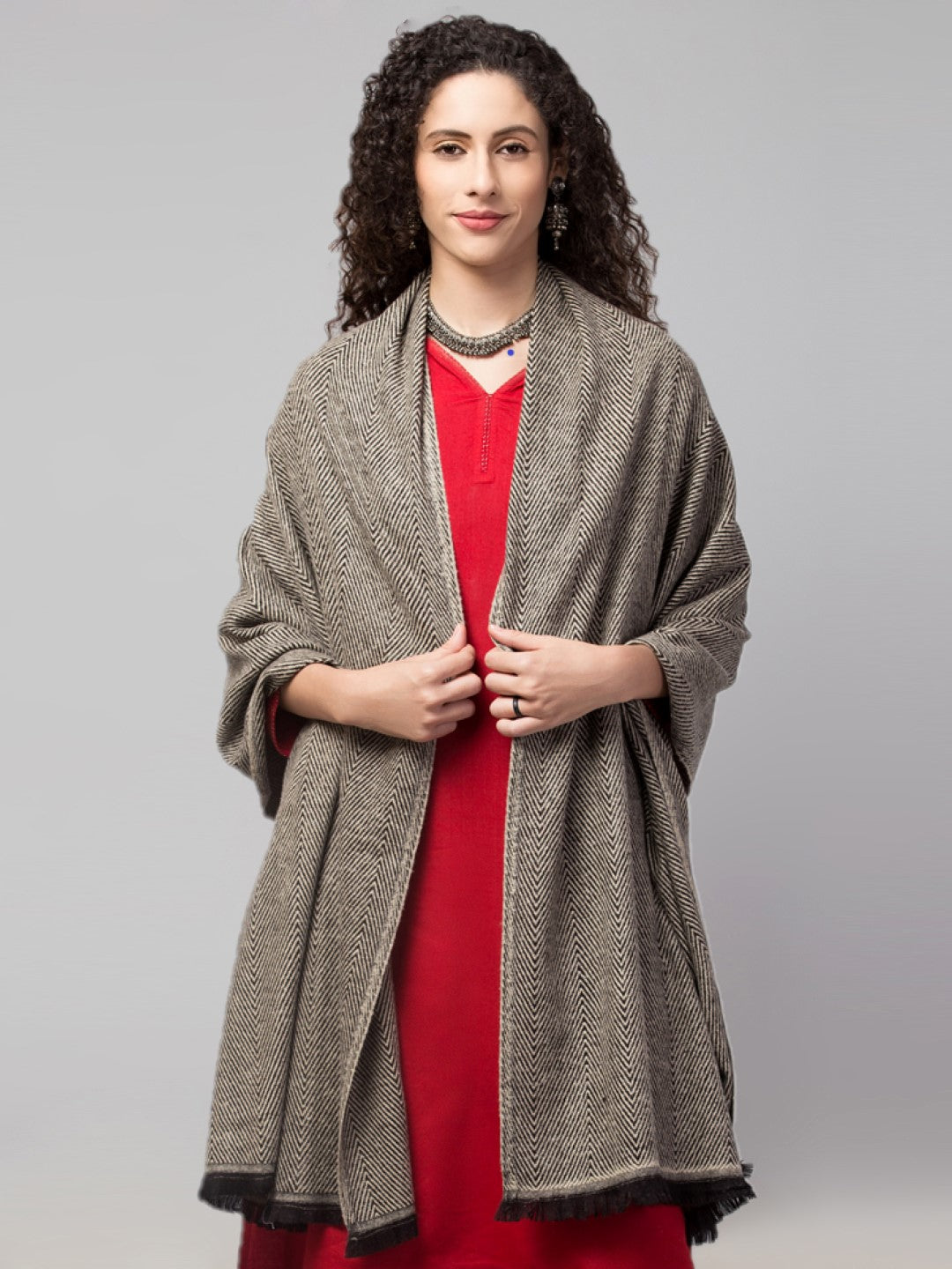 Tweedle Heringbone Design Super Soft Woolen Stole / Scarf for Women - Black (28 x 80 inches)