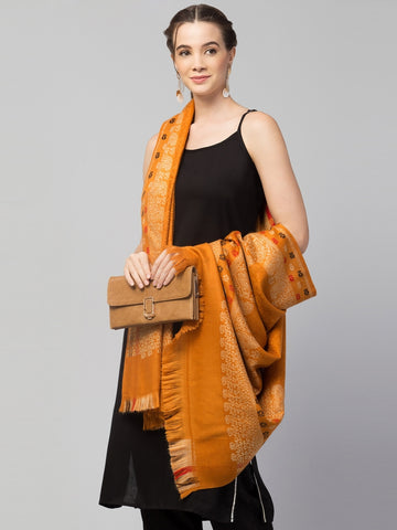 Jamawar Weave Plain Self Design Shawl with Ornamental Border | Yellow