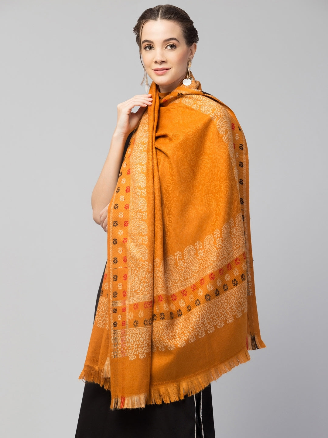 Jamawar Weave Plain Self Design Shawl with Ornamental Border | Yellow