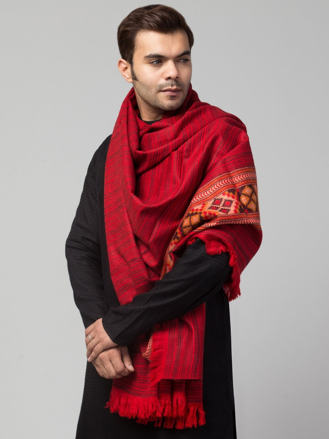 Ethnic Kullu Shawl for Men – Traditional Himachali Design with Tribal Motifs | Red