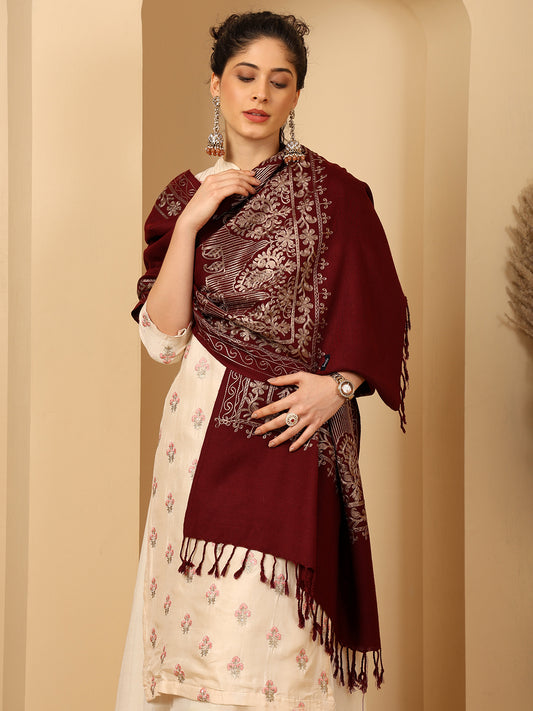 Tweedle Women’s Kashmiri Aari Embroidery Stole/ Scarf - Maroon , Size - 28 x 80 inches