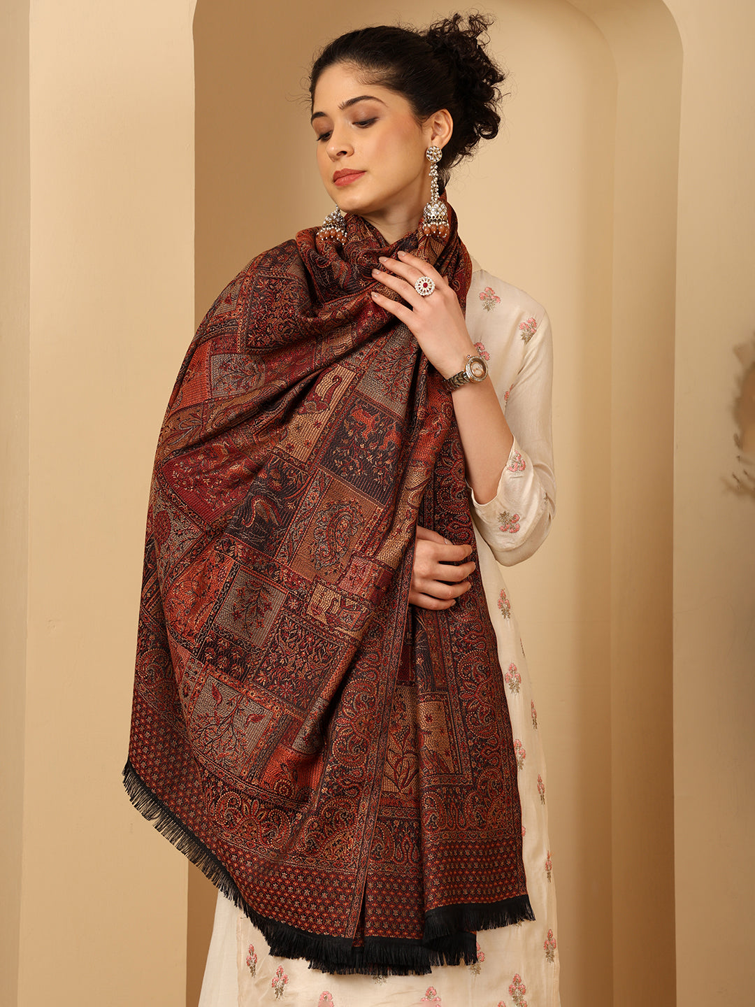 Tweedle Women’s Jamawar Shawl, Faux Pashmina - Black, Size 40 x 80 inches