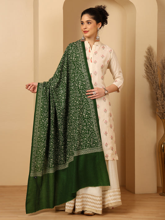 Tweedle Traditional Pure Wool Dupehra Kashmiri Embroidery Shawl for Women - Green