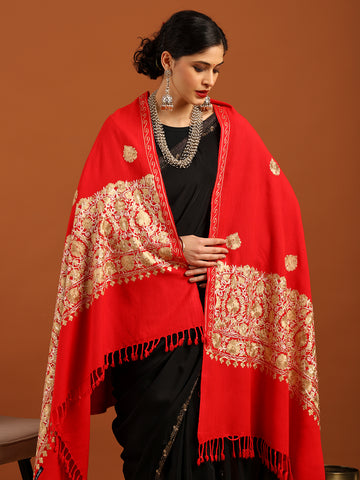 Tweedle Women’s Kashmiri Aari Embroidery Shawl / Stole - Red, Size - 40 x 80 inches