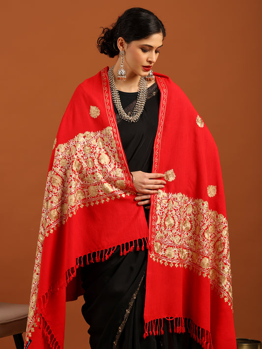 Tweedle Women’s Kashmiri Aari Embroidery Shawl / Stole - Red, Size - 40 x 80 inches
