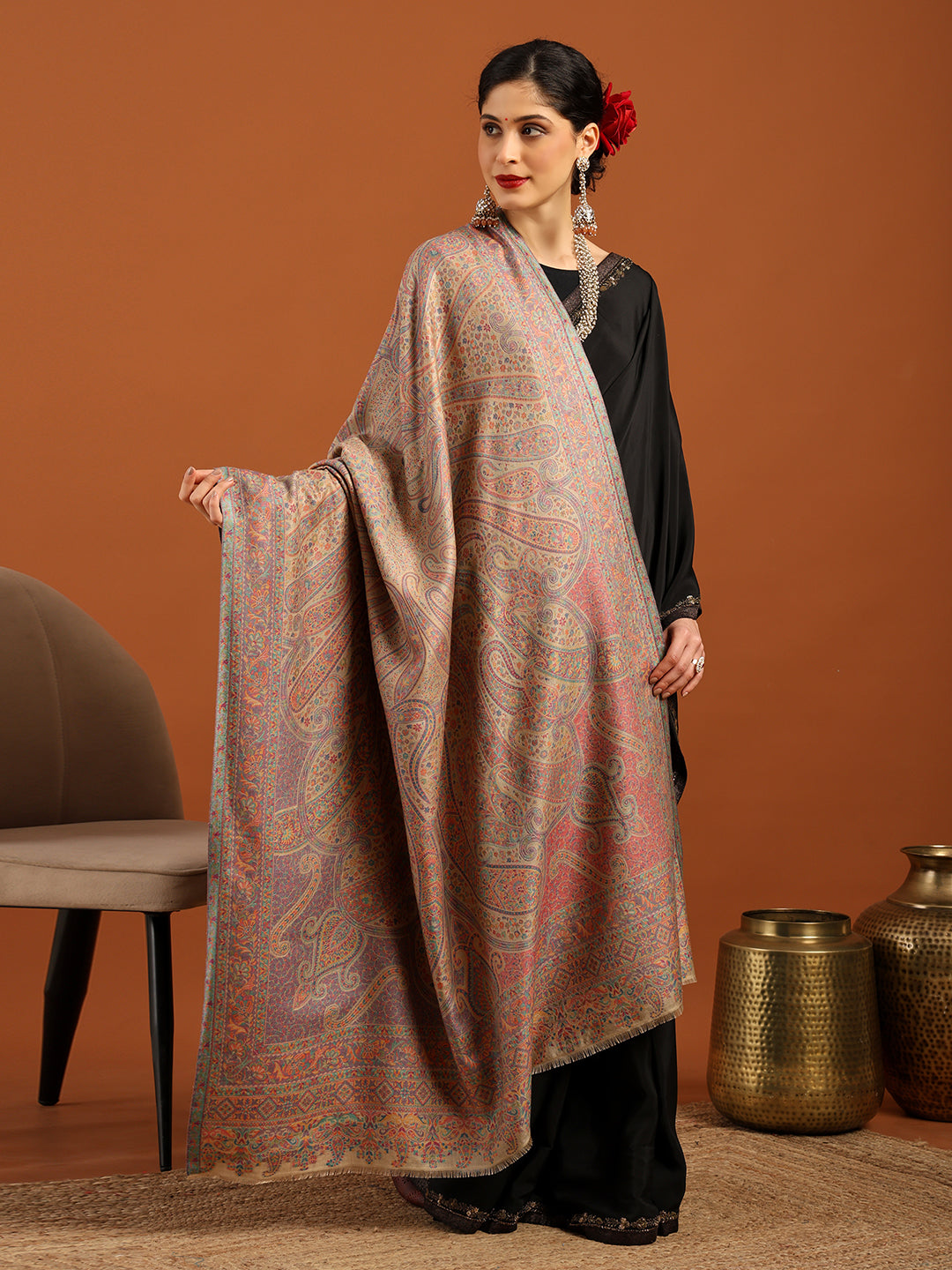 Tweedle Women’s Ruhani Kashmiri Kani Shawl - Beige, 40 x 80 inch