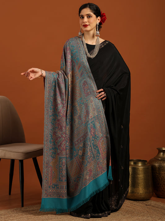 Tweedle Women’s Jamawar Shawl, Faux Pashmina - Turquoise, Size 40 x 80 inches