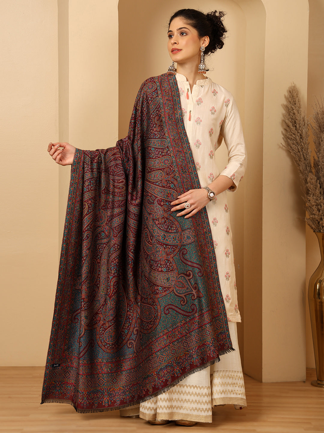 Tweedle Women’s Ruhani Kashmiri Kani Shawl - Wine, 40 x 80 inch