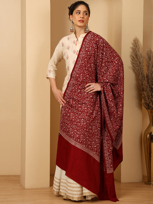 Tweedle Traditional Pure Wool Dupehra Kashmiri Embroidery Shawl for Women - Maroon
