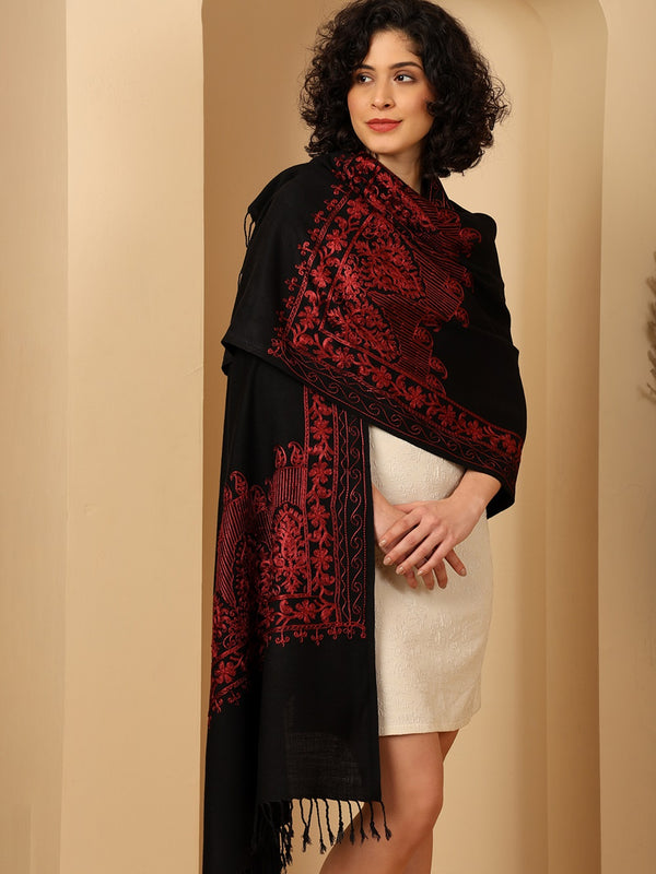 Tweedle Women’s Kashmiri Aari Embroidery Stole/ Scarf - Black, Size - 28 x 80 inches