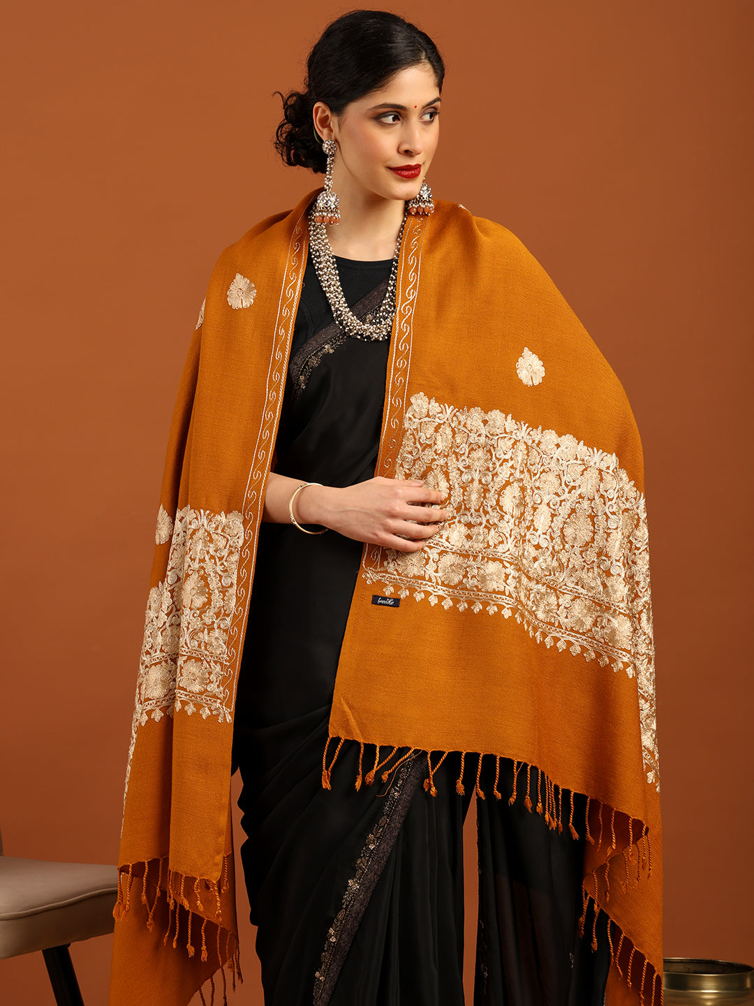 Tweedle Women’s Kashmiri Aari Embroidery Shawl / Stole - Mustard, Size - 40 x 80 inches