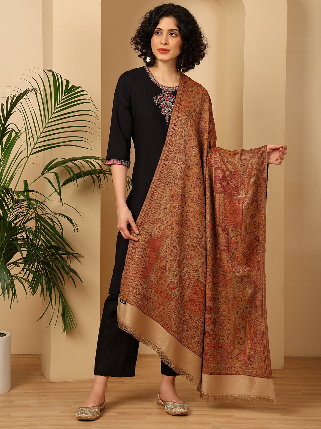 Tweedle Women’s Jamawar Shawl, Faux Pashmina - Beige, Size 40 x 80 inches