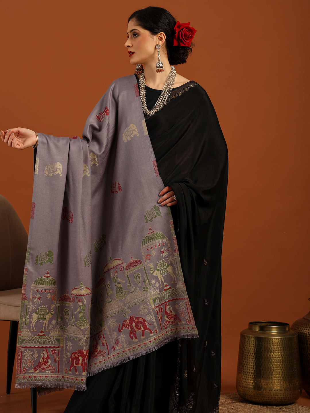 Tweedle Women’s Mahotsav Ethnic Design Zari Shawl, Faux Wool - Grey, Size - 40 x 80 inches