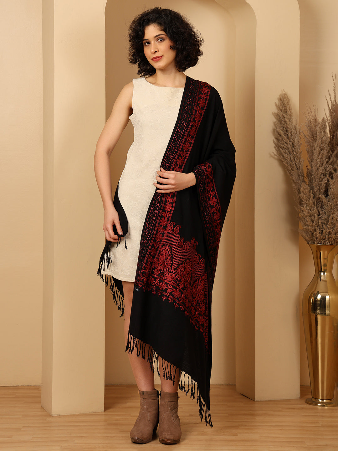 Tweedle Women’s Kashmiri Aari Embroidery Stole/ Scarf - Black, Size - 28 x 80 inches