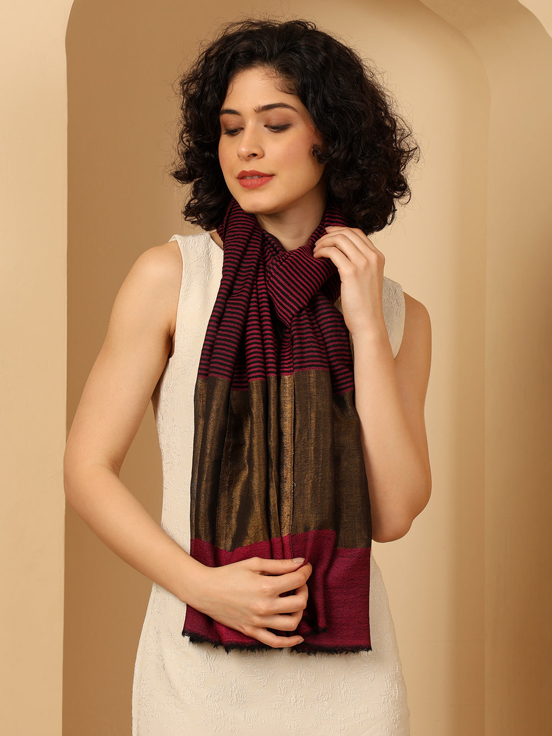 Tweedle Women’s Fine Wool Stole with Striped Zari Palla - Magenta