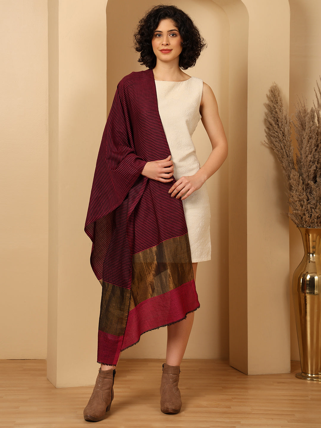 Tweedle Women’s Fine Wool Stole with Striped Zari Palla - Magenta