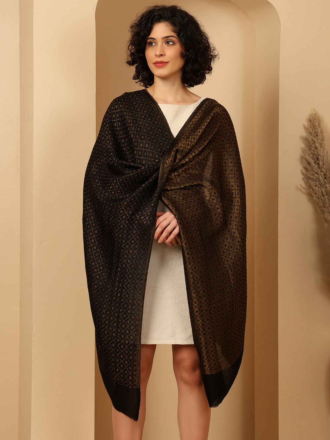 Tweedle Women’s Reversible Pashmina Wool Stole with Floral Zari Weave - Black