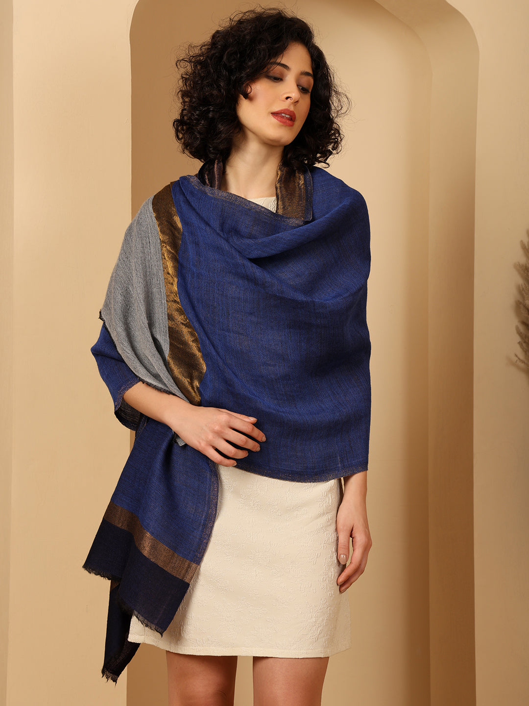 Tweedle Women’s Pashmina Wool Stole with Reversible Double Palla Zari Design - Blue