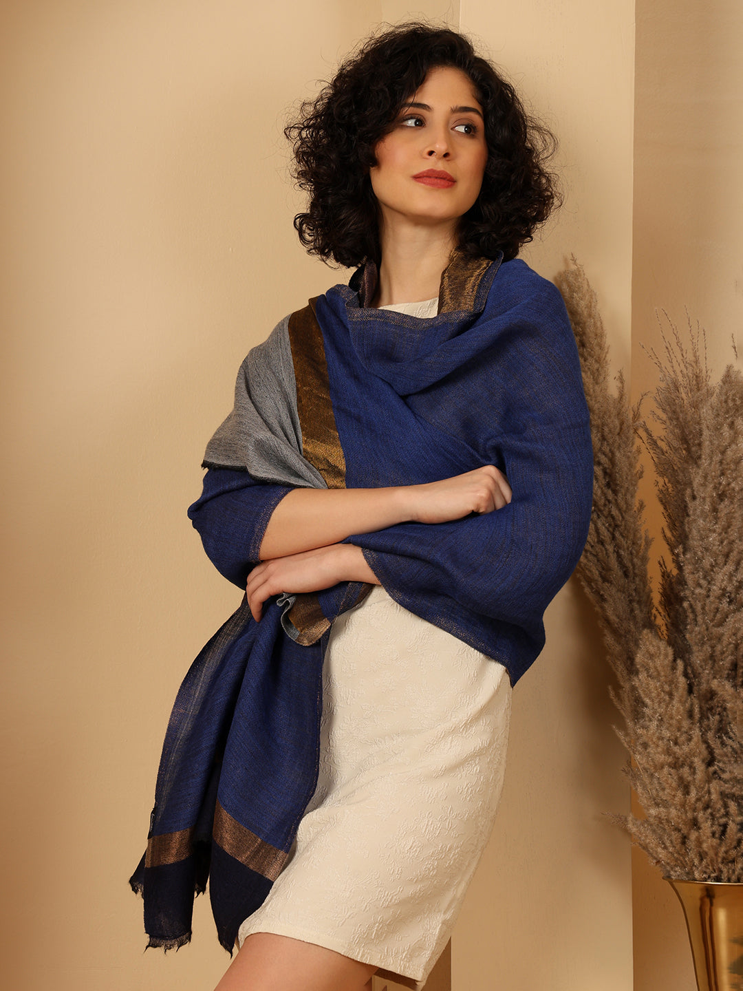 Tweedle Women’s Pashmina Wool Stole with Reversible Double Palla Zari Design - Blue