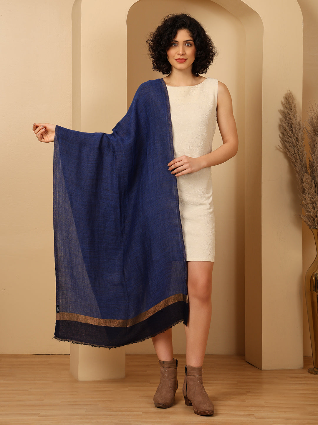 Tweedle Women’s Pashmina Wool Stole with Reversible Double Palla Zari Design - Blue