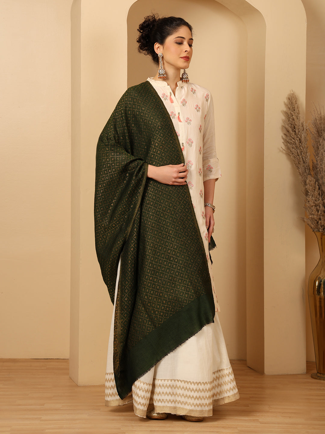 Tweedle Women’s Reversible Pashmina Wool Stole with Floral Zari Weave - Green