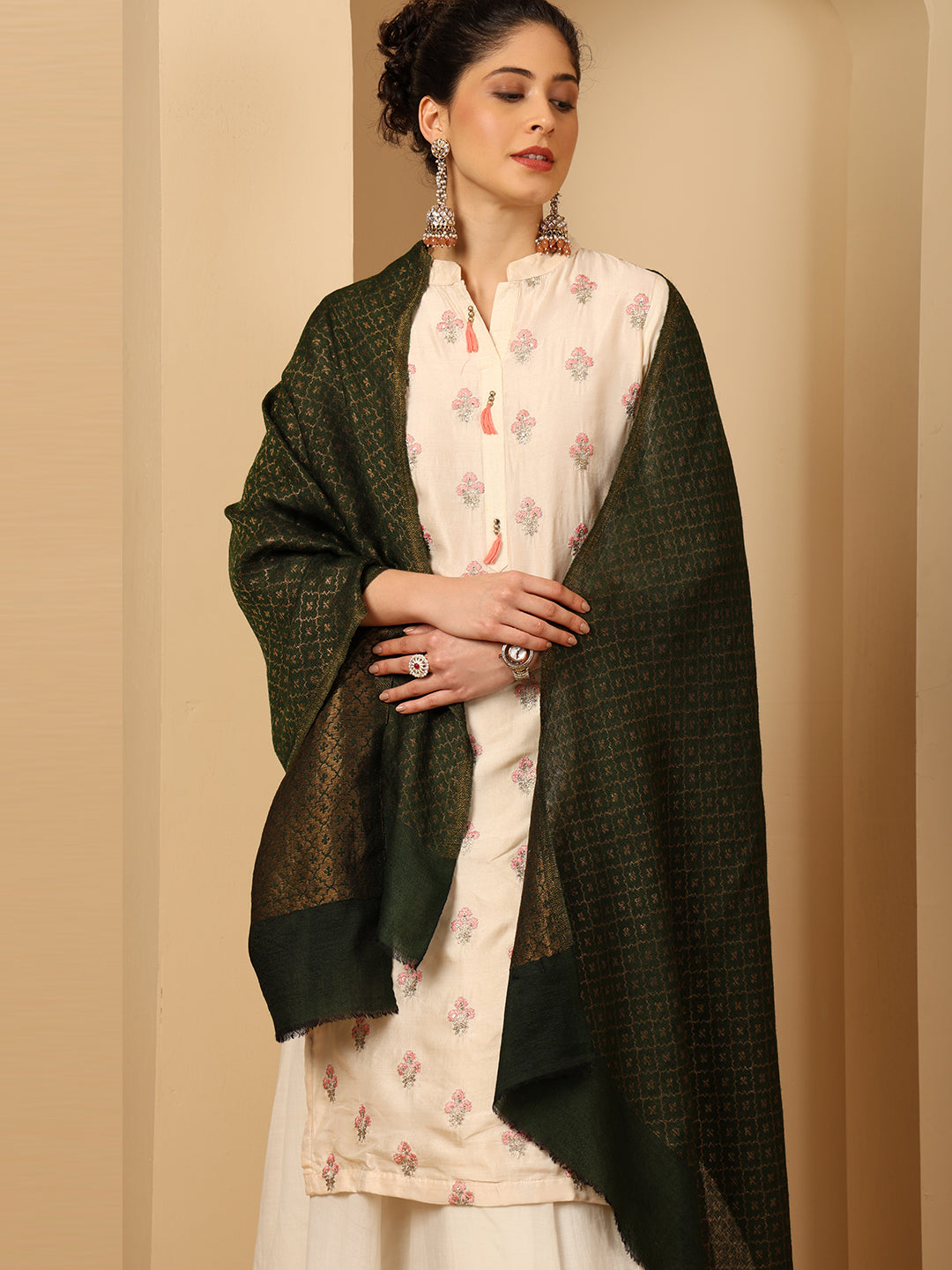 Tweedle Women’s Reversible Pashmina Wool Stole with Floral Zari Weave - Green