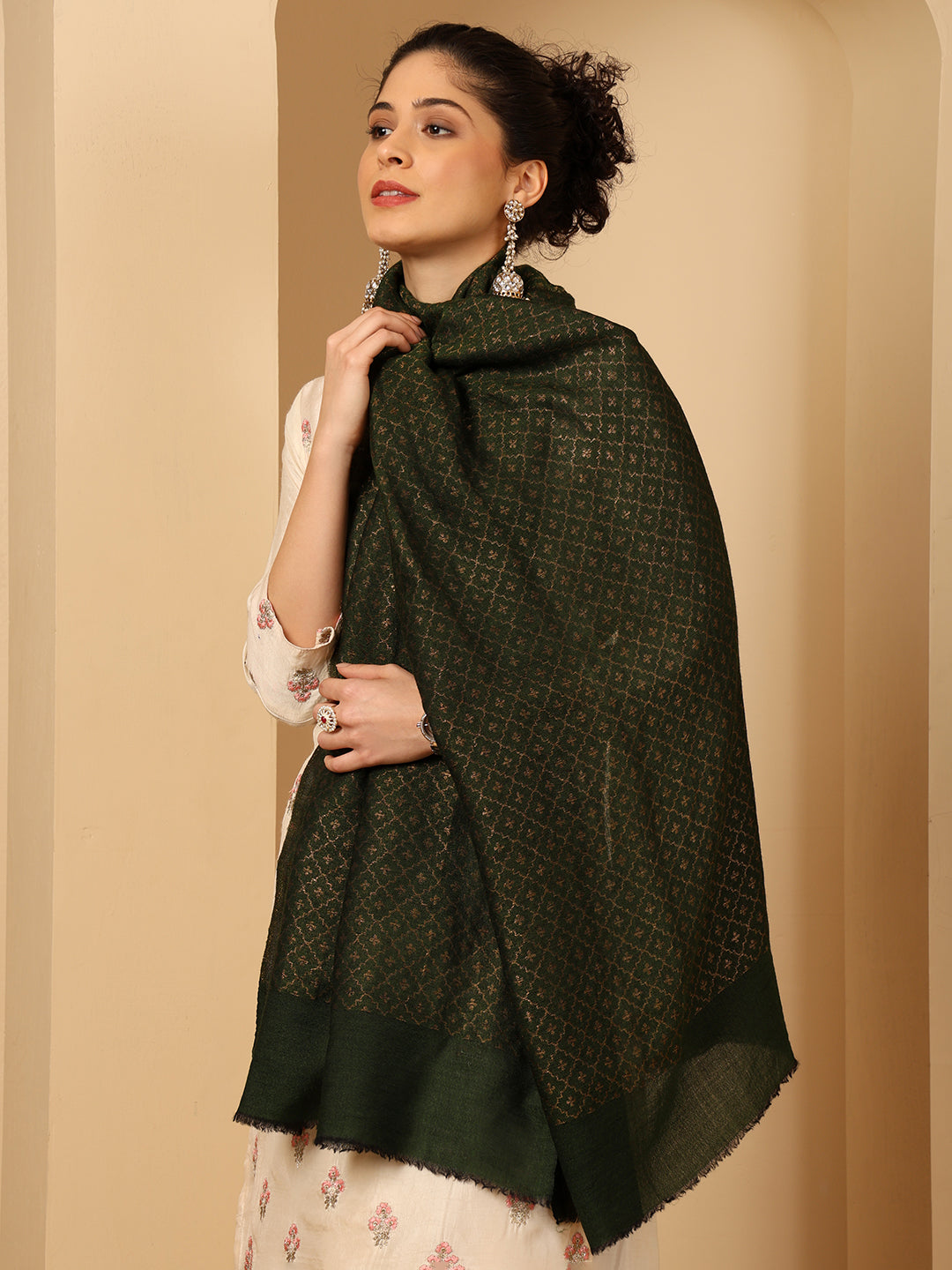 Tweedle Women’s Reversible Pashmina Wool Stole with Floral Zari Weave - Green