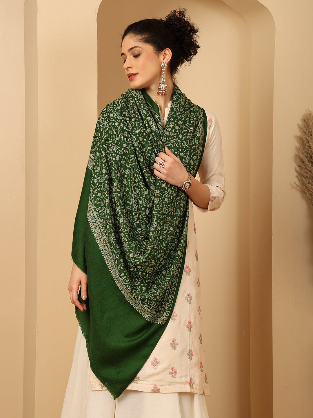 Tweedle Traditional Pure Wool Dupehra Kashmiri Embroidery Shawl for Women - Green