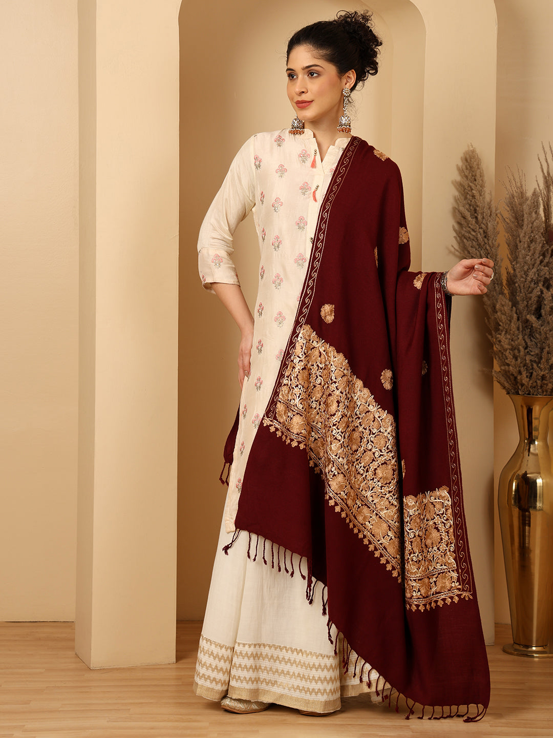 Tweedle Women’s Kashmiri Aari Embroidery Shawl / Stole - Wine, Size - 40 x 80 inches