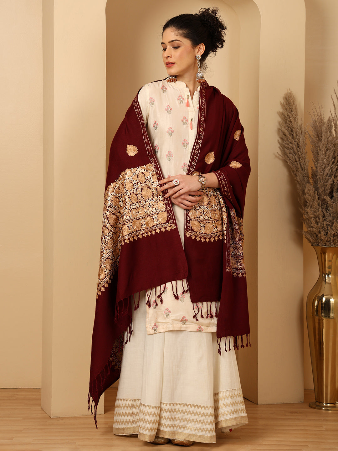 Tweedle Women’s Kashmiri Aari Embroidery Shawl / Stole - Wine, Size - 40 x 80 inches
