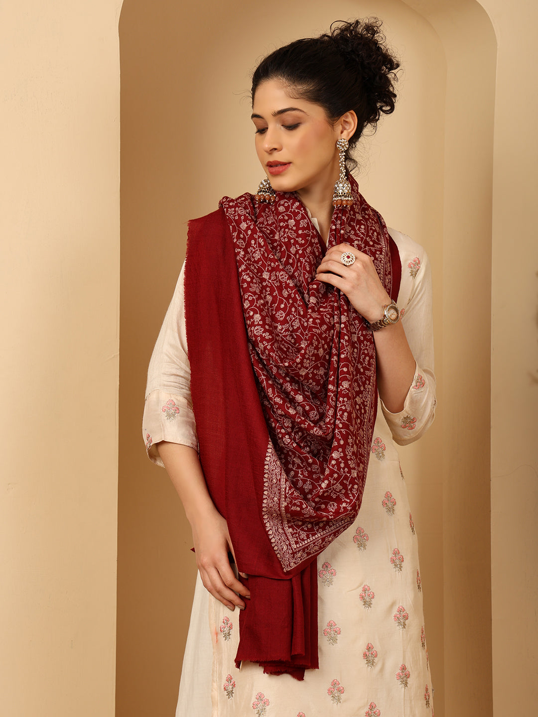 Tweedle Traditional Pure Wool Dupehra Kashmiri Embroidery Shawl for Women - Maroon
