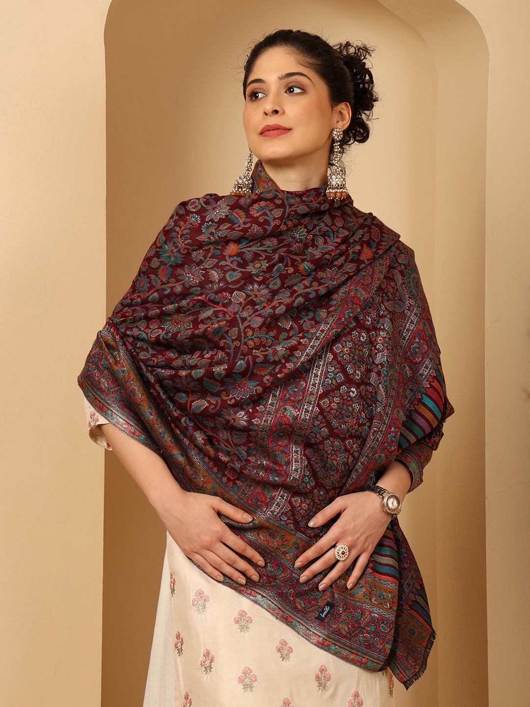 Tweedle Women’s Regalia Silk Moda, Zari Weave, Kashmiri Kani Shawl – Maroon