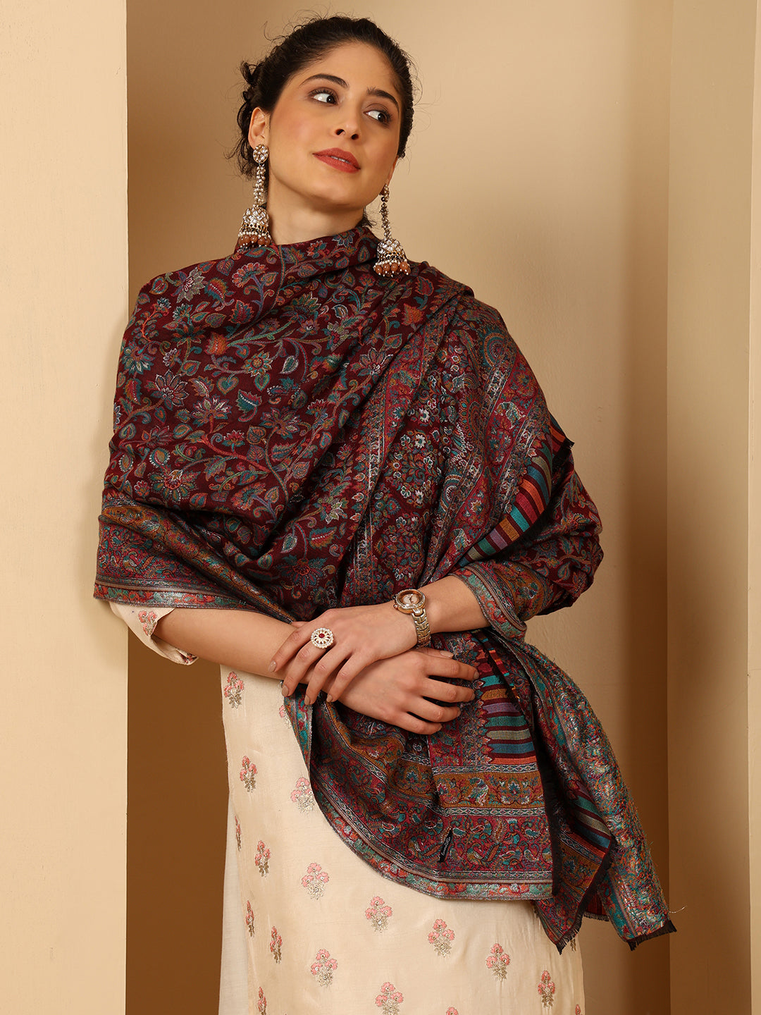 Tweedle Women’s Regalia Silk Moda, Zari Weave, Kashmiri Kani Shawl – Maroon