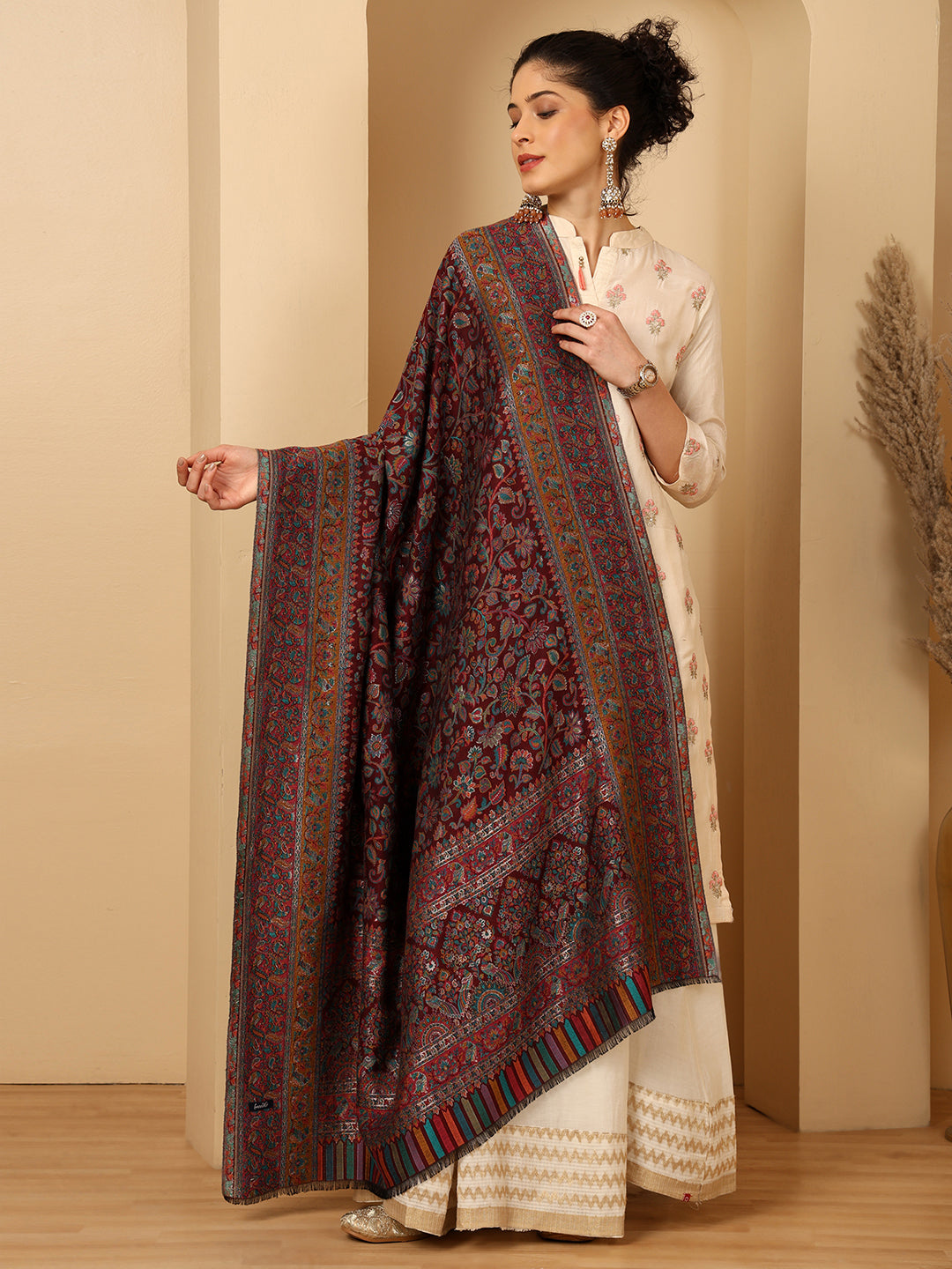 Tweedle Women’s Regalia Silk Moda, Zari Weave, Kashmiri Kani Shawl – Maroon