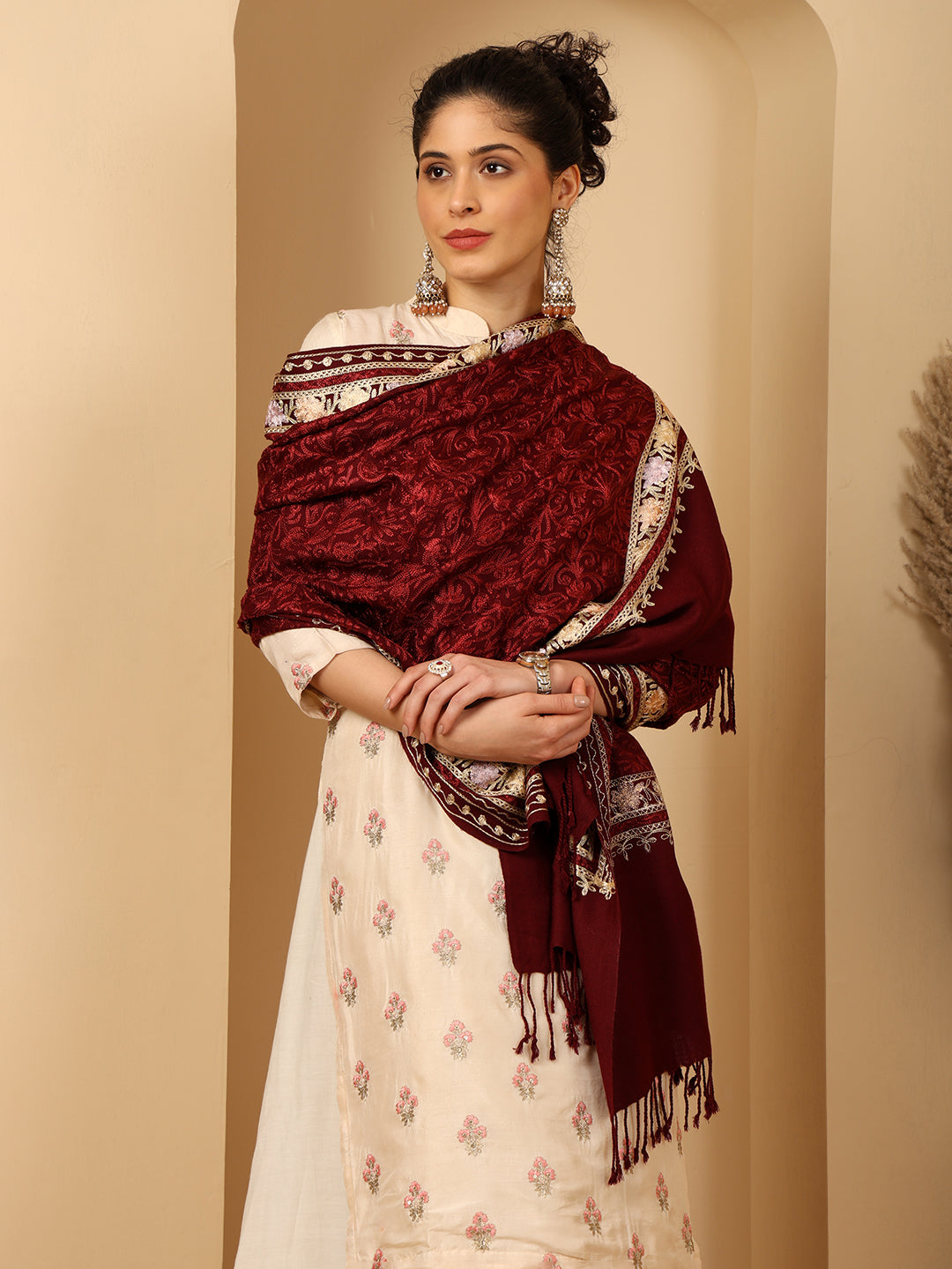 tweedle Women’s Kashmiri Aari Embroidery Stole - Wine, Size - 28 x 80 inches
