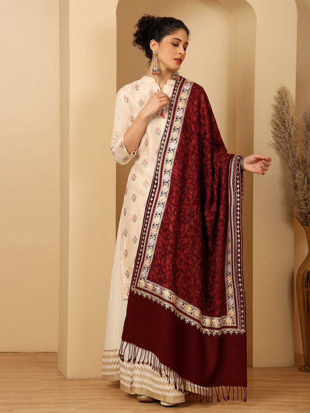 tweedle Women’s Kashmiri Aari Embroidery Stole - Wine, Size - 28 x 80 inches