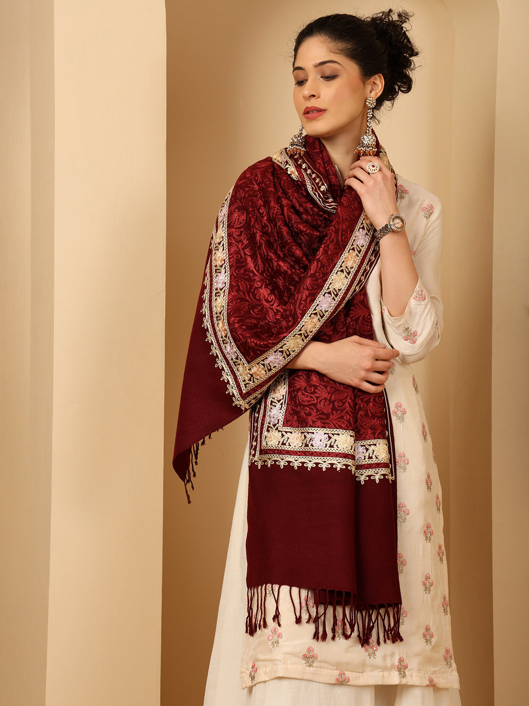 tweedle Women’s Kashmiri Aari Embroidery Stole - Wine, Size - 28 x 80 inches