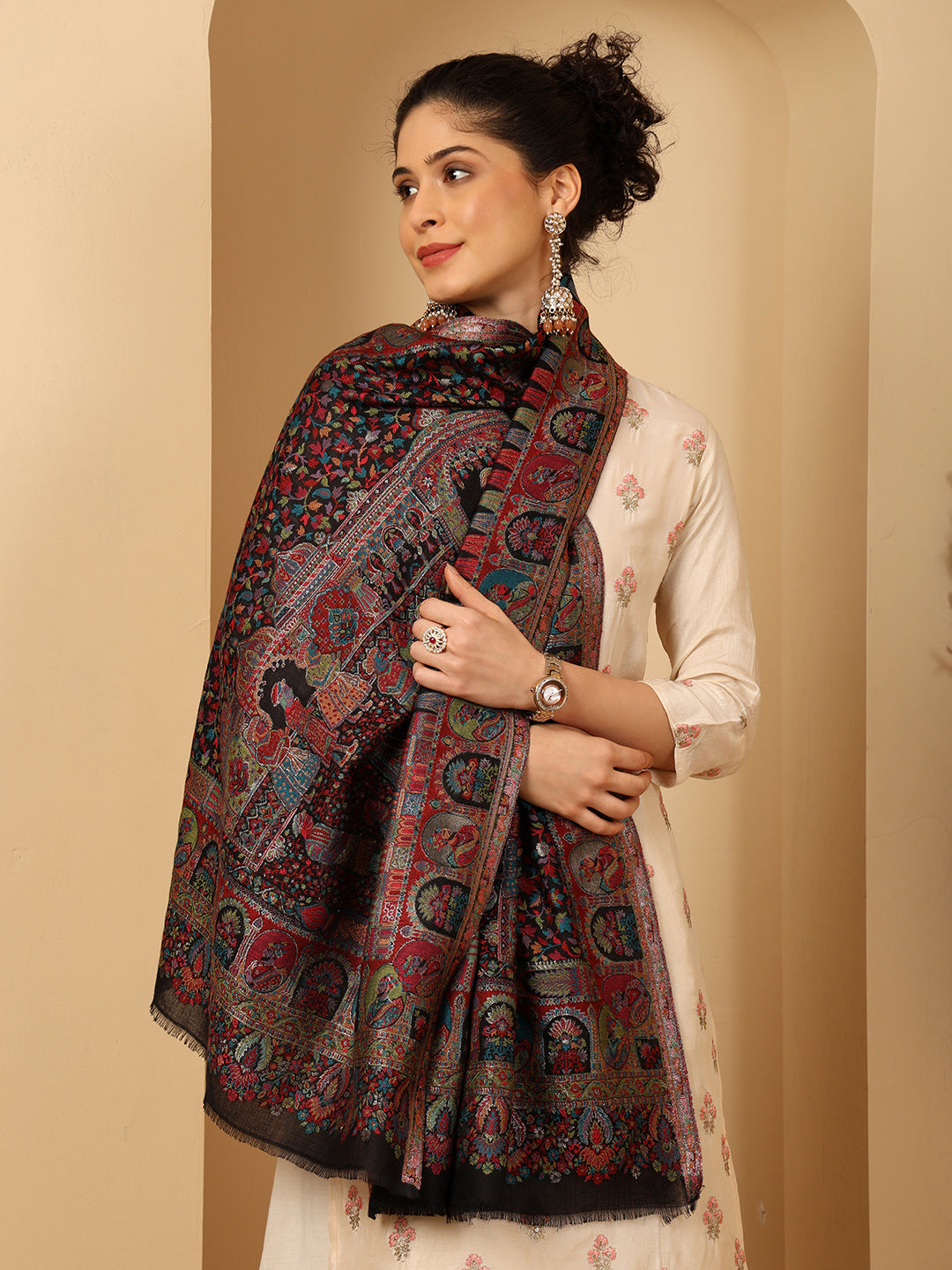 Tweedle Women’s Zari Weave, Darbar Design, Soft Bamboo Stole - Black