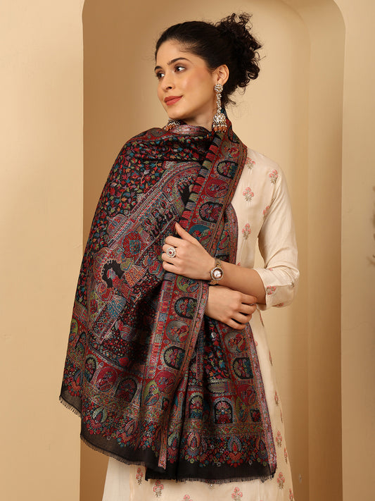 Tweedle Women’s Zari Weave, Darbar Design, Soft Bamboo Stole - Black